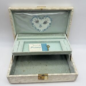 Vintage Farrington White Jewelry Box Light Blue Velvet Lined 2 Tier w Key *READ*